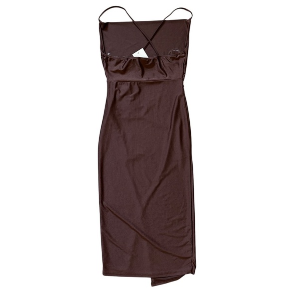 Brown Ruched Bodycon Midi Dress Sz S Spaghetti Strap Slit Wedding Cocktail Party - Picture 6 of 8